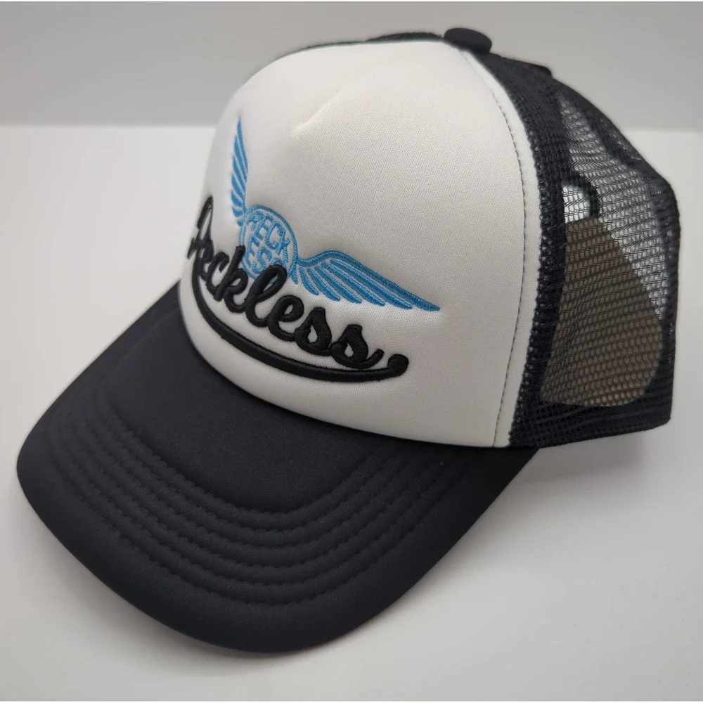 Young & Reckless Trucker Hat Black White Blue Winged Logo Snapback Mesh Cap